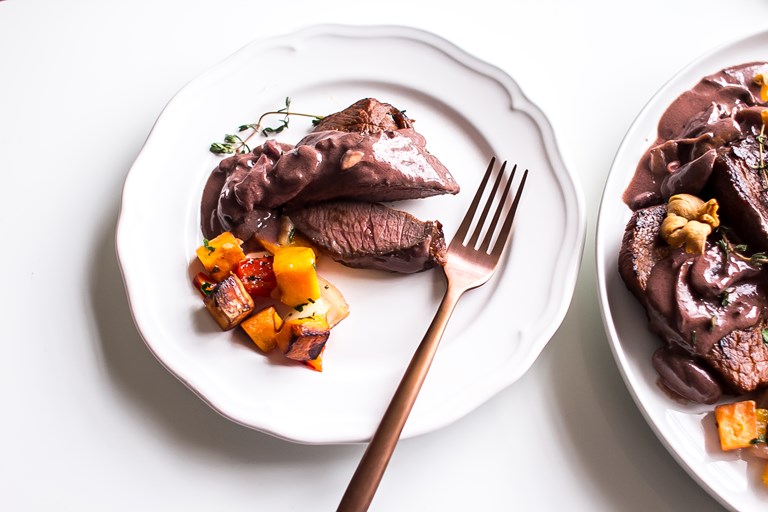 Ostrich steak with wine and mushroom sauce